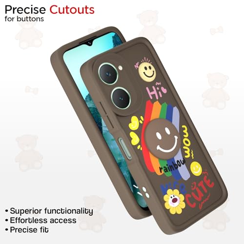 Image of Pikkme Back Cover for iQOO Z9 Lite 5G / Vivo T3 Lite 5G / Vivo Y18 / Y18e / Y03 | Soft Silicone| Cute Rainbow Smile & 3D Cartoon Flower Design | Shockproof Raised Camera protection Bumper Case (Brown)