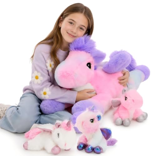 Tezituor Glow-in-Dark Unicorn Stuffed Animal,Mom & 3 Babies Plush