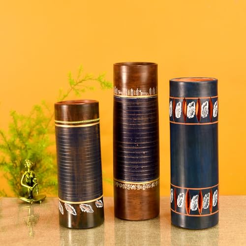 Image of Aakriti Art Creations Autumn Leaf Blue Earthen Vase Set of 3 | Tubular Shape Terracotta Flower Vases | Matte Finish Floral Art Decorative Vases for Living Room, Floor Decor & Gifting