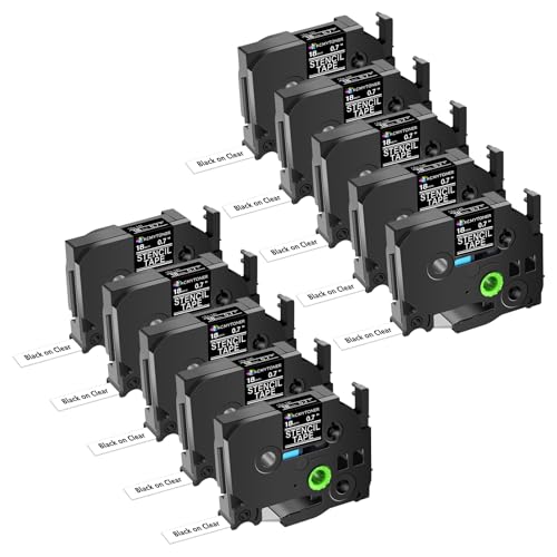 KCMYTONER 10 Pack Compatible for Ptouch STe-141 ST-141 STe141 ST141 Stencil Tape Black on Clear 18mm 3/4'' Etching Label Tape for PT-2210 PT-2310 PT-2400 PT-2410 PT-2470 PT-2500PC PT-2600