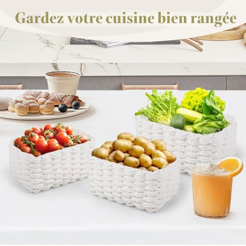 3 Pièces Paniers de Rangement Tissé, Panier Rangement, Panier Rangement, Salle de Bain Corbeille, Corbeilles de Rangement Empilables, pour Salle de Bain, Cuisine, Maison, Coucher (Blanc) – vue 3