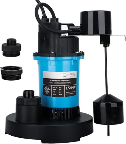 LEO Sump Pump Submersible Vertical Float Switch Automatic Utility Pumps for Clean/Dirty Water Pump Thermal Protector for Basement Pool Draining, 1/2HP 2980GPH Max.Head 28 FT