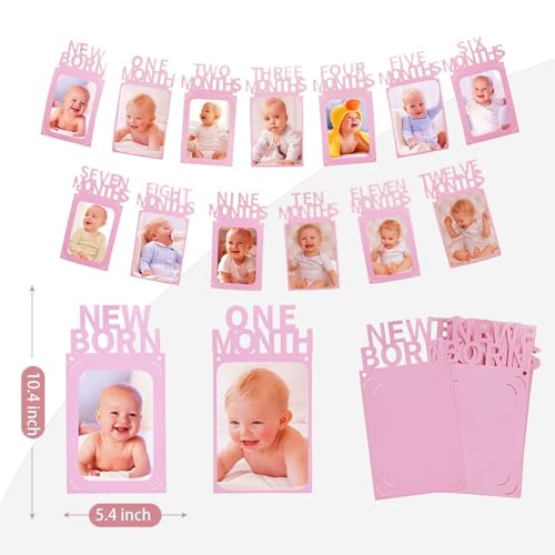 Image of Pop The Party Pink First Birthday Photo Banner | Monthly Photo Banner (12 Months) for Baby First Year | 1st Birthday Decoration for Girls | Cute Photo Display Garland (cardstock)