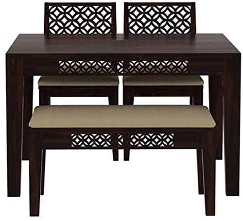 Image of Solid Wood 4 Seater Dining Room Sets || Wooden Dining Table Set with 2 Chairs and 1 Bench|| Dining Table Set for Home Living Room Furniture (Finish-Walnut)