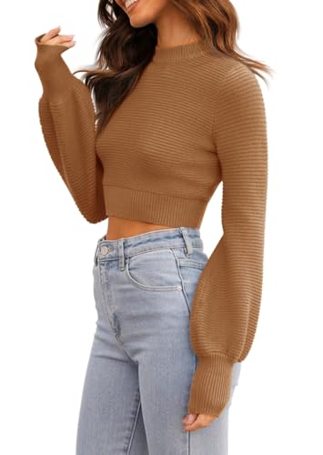 Image of Womens Sexy Crew Neck Cropped Sweaters Knit Long Sleeve Crop Tops Pullover | Ribbed Knit, Long Sleeve, Crop Tops, Pullover,Crew Neck