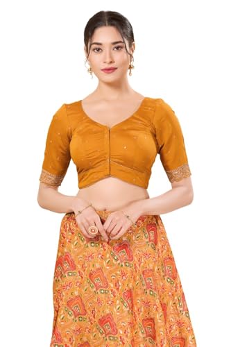 Image of Vamas Women's Art Silk Front Open Saree Blouse | Scallop Embroidered Sleeves & Yoke Designer Blouse | Stylish EthnicBlouse for Wedding & Festive Occasions