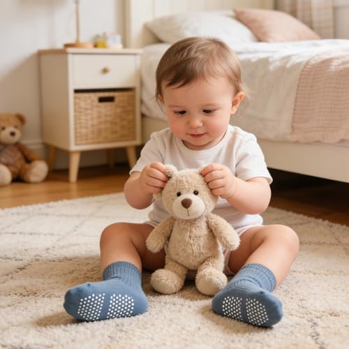 Bearbay Toddler Non Slip Cotton Crew Socks with Anti-slip Dots for Infant Baby Boys Girls 9 Pairs Plain Blue