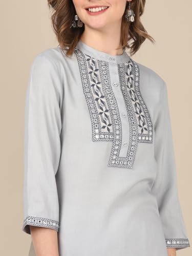 Image of rangita Women's Rayon Relaxed Fit A Line Calf Length Embroide A-Line Kurti | Kurta