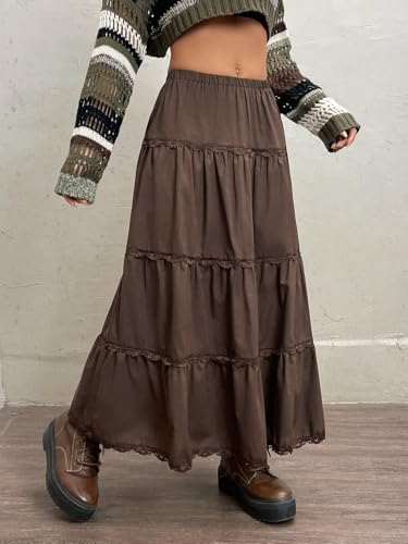 Solid Ruffle Hem Lace Trim Skirt Basic Women's Summer Casual Vinage Skirt2