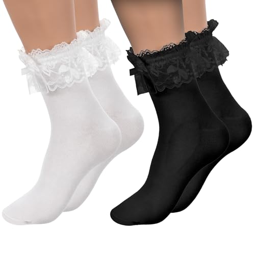 Ajcotahm 2 Pairs Solid Womens Ruffle Socks, Breathable Cotton Ankle Sock, Cute Lace Casual Socks, Slouch Athletic Socks for Fashion Ladies Princess Women Girls (Black and White)
