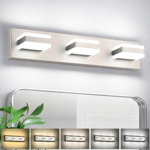 Image of SOLFART Vanity Lighting Over Mirror, 3 Lights Brushed Nickel Bathroom Light, Modern LED Light Fixtures, 5 Color Temperature Adjustable Modern Light for Bathroom ETL Listed