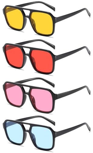 Image of IKANOO 4 Pieces Vintage Retro 70s Square Aviator Sunglasses Women Men Classic Rectangle Sunglasses Trendy Shades