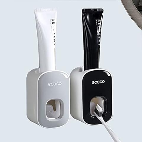 PhiGie 2 PCS Toothpaste Dispenser Wall Mount Toothpaste Squeezer Dispenser Automatic Hands Free for Family Shower Bathroom (2Packs Black/Gray) Cover