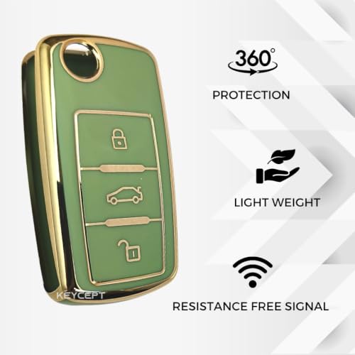 Image of Keycept Gold Line TPU Key Cover Compatible with Polo, Vento, Jetta, Ameo, Passat, Rapid, Laura, Superb, Octavia, Fabia, Yeti 3 Button Flip Key with Keychain. (Type 2, Green)