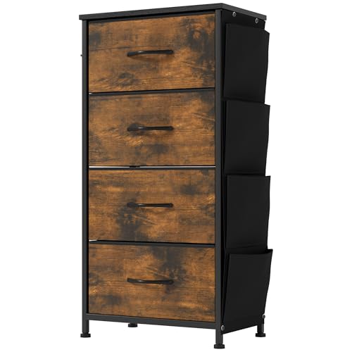 YITAHOME Comoda 4 Cajones,Cajonera de Tela con Bolsillos Laterales,Sinfonier,Robusta Estructura metálica,para Dormitorio, Salón, Pasillo,Grano de Madera podrido