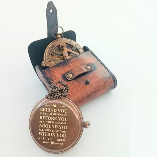 Brújula Grabada de Latón Behind You - Reloj de Sol Náutico Vintage con Estuche de Cuero - Regalo Ideal para Graduación miniatura 5
