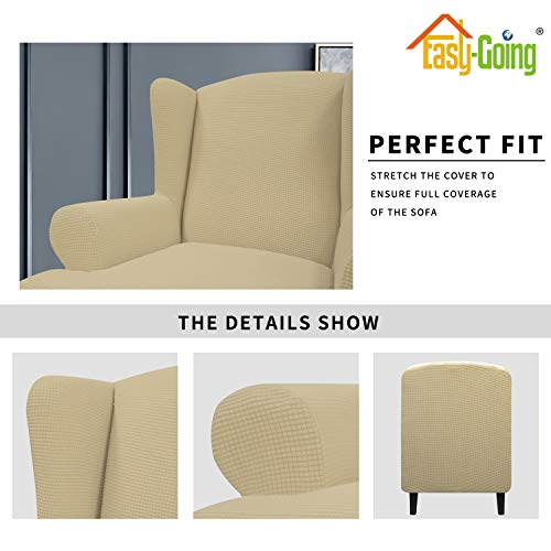 Image of Easy-Going Stretch Large Wingback Chair Sofa Slipcover Beige | 1-Piece Sofa Cover Furniture Protector Couch Soft with Bottom, Spandex Jacquard