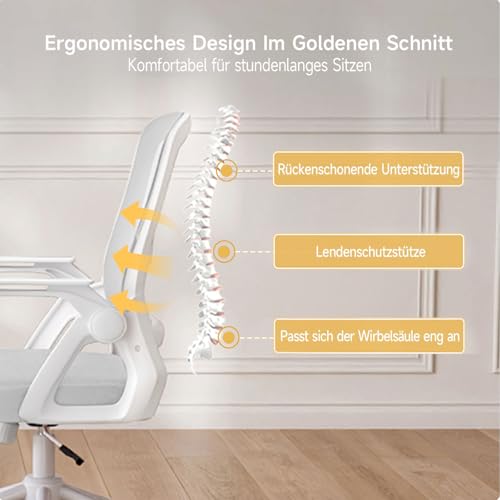 naspaluro Bürostuhl mit Hochklappbare Armlehnen, Schreibtischstuhl Ergonomisch, Drehstuhl mit Netzbespannung, Lordosenstütze, Höhenverstellbarer, Wippfunktion, Gepolstertem Sitzkissen, Grau