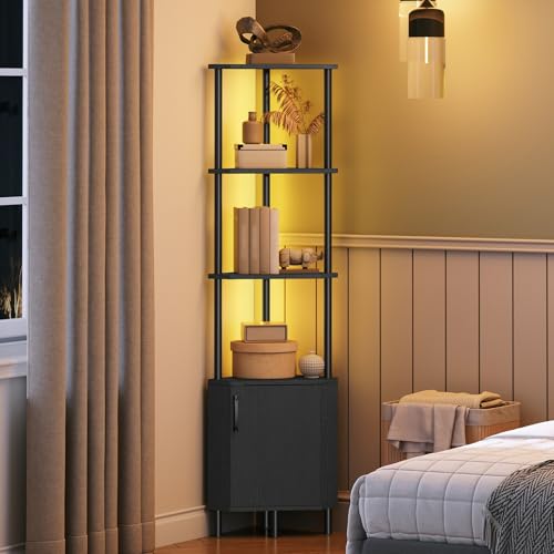 HOOBRO Corner Cabinet with LED Light, Corner Shelf Stand with Storage and Doors, 5-Tier Industrial Corner Bookshelf, 59&rdquo; Tall Display Rack Shelf, for Living Room, Kitchen, Black BB147DCJ01