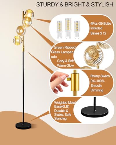Image of Lightdot 64IN Dimmable Floor Lamp with Glass Globe Shade, Modern Gold &Black Standing Lamps with 4PCS Warm White Bulbs Included, Mid Century Floor Lamp with 5Lbs Heavy Base for Living Room /Sofa Beside