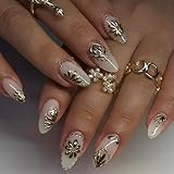30 Pcs Almond Press on Nails Short Fake Nails Gold Flowers & Wave Point Acrylic Nail White Translucent Nail Press ons for Women