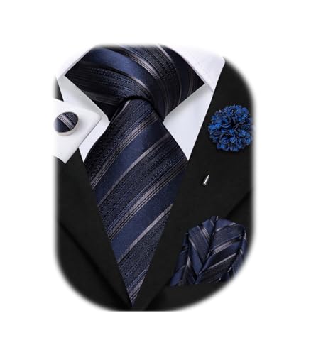 Image of Hi-Tie Men Silk Ties Set with Flower Lapel Pin Necktie Pocket Square Cufflinks for Tuxedo Wedding Business