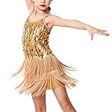 LOLANTA Traje de Baile con Flecos de Lentejuelas para Niñas, Conjunto de Baile Latino Salsa Rumba para Niños, Brillantes Minivestido Flecos Sin Mangas con Pantalón Corto, Oro, 11-12 años, 160