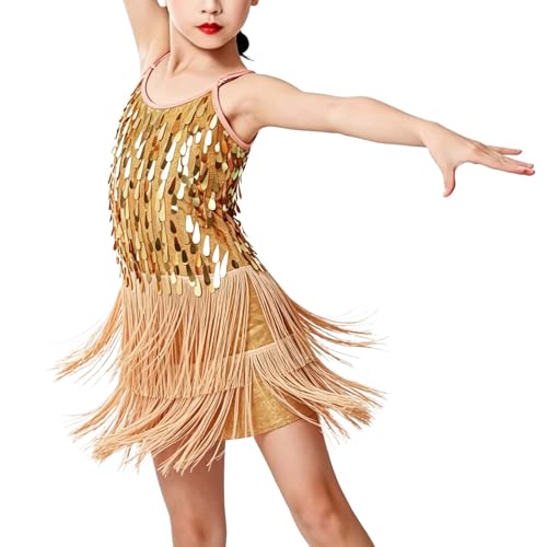 LOLANTA Costume de Danse Latine Rumba Salsa Chacha à Paillettes et Glands Franges pour Filles, Scintillant Mini Robe sans Manches à Réglable Bretelles avec...