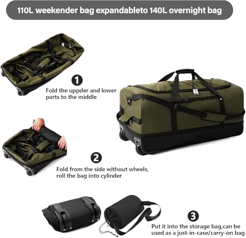 XWFB Rolling Duffle Bag with Wheels,110L/140L Expandable Soft-Sided Foldable Duffle Bag with 2 Rubber Wheels,Packable 32” Rolling Carry-On with Pockets & Compartments (Green) by XWFB - Used condition - Image 3