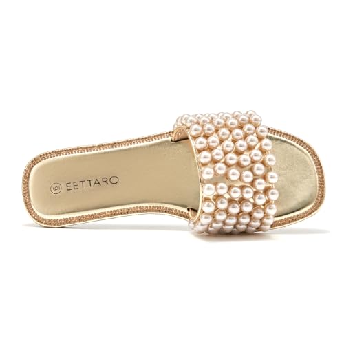 EETTARO Women's Sparkle Pearl Flat Sandals Fashion Square Open Toe Jeweled Slides Slip on Rhinestone Bling Slippers 5
