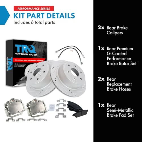Image of TRQ Performance Rear Brake Pad and Rotor Set Semi Metallic Drilled Slotted Coated Rotors Calipers Compatible with 2007-2013 Chevrolet Silverado 1500 Sierra 1500