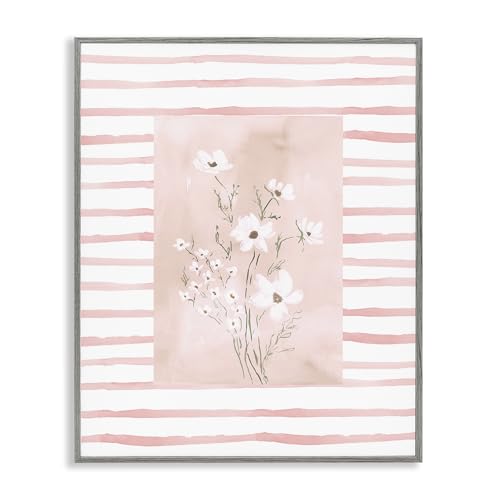 'White Cosmos on Pink Stripes'| Framed Giclee Art