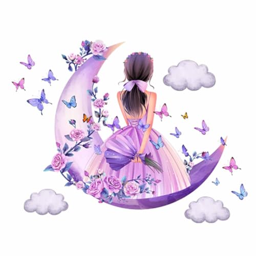Vinilo decorativo para pared Purple Moon Girl flores mariposa