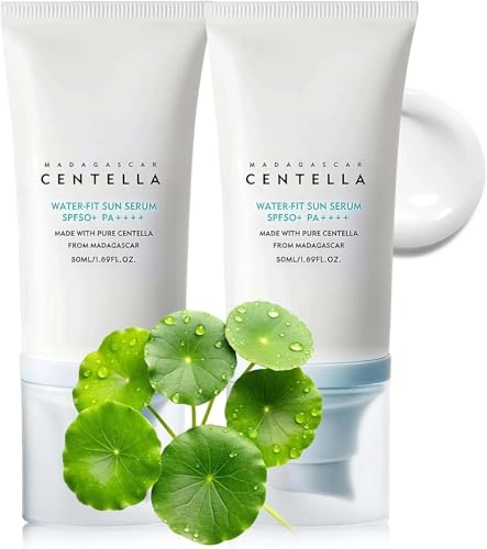 2Pcs Madagascar Centella Sunscreen SPF 50+ Lightweight Suncream & Hyalu-Cica Sun Serum Air-Fit & Water-Fit No White Cast Non-Greasy