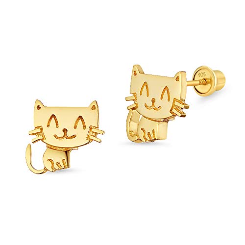 14k Gold Plated Brass Baby Happy Cat Screwback Baby Girls Earrings with Sterling Silver Post