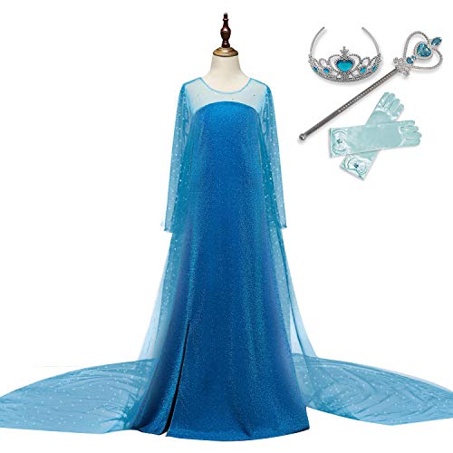 Nileafes Long Girls Princess Costume Bule Cosplay Birthday Party Kids Dress Children Fancy Clothing (5-6 Years,Blue4)