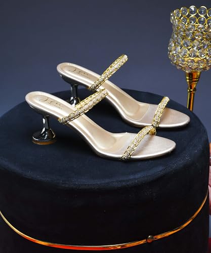 Image of JM LOOKS Women's Kitten Heels Sandals Rhinestone Open Round Toe Slip On with Two Strappy Strap Dressy Sparkly Heel Bridal Shoes Wedding Party Heel