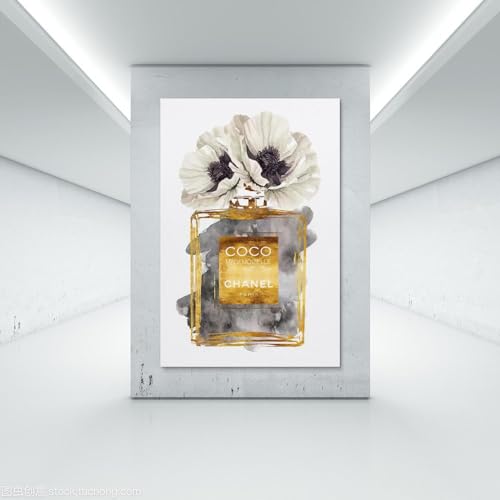 Image of BanLaArt Fashion Perfume Bottle Dark Gold With Dark Grey & White Poppy Canvas Print Poster Decorative Painting Canvas Wall Art Picture Print Modern Family Bedroom Decor 16x24inch(40x60cm), style-4