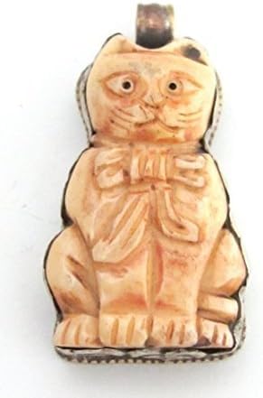 Tibetan silver carved bone Cat pendant with reverse side buttefly repousse - PM234A