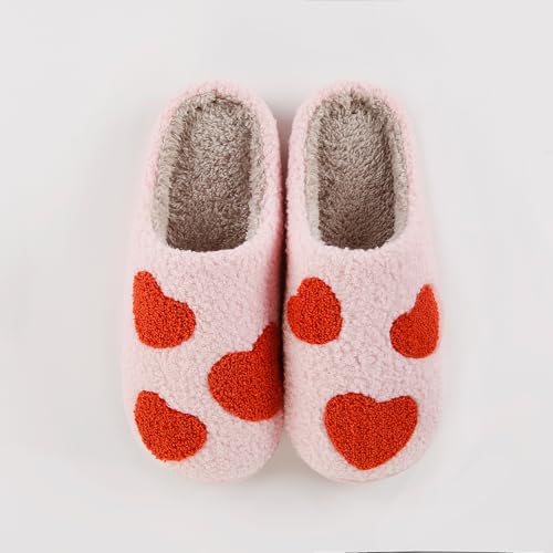 Image of Women's Men's Happy Face Heart-shaped Cat Slippers - Retro Leopard Print, Memory Foam, Soft Plush, Warm, Anti-Slip Home Shoes