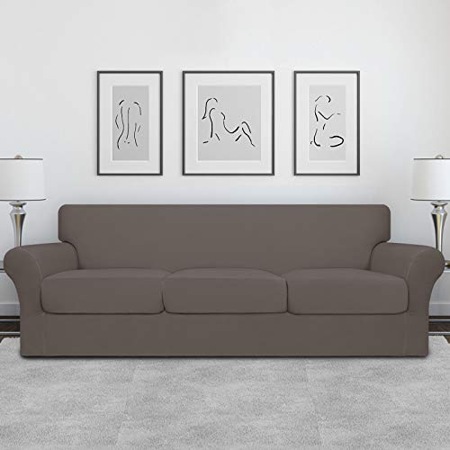 Image of Easy-Going 4 Pieces Oversized Stretch Couch Cover for Dogs Washable | Sectional Sofa Slipcover for 3 Separate Cushion Couch - Elastic Furniture Protector for Pets, Kids Taupe