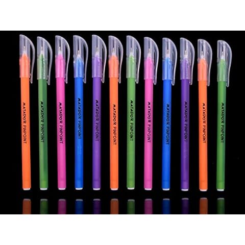 Matador Pin-Point Fine Point Roll Gel Pens 0.5mm Ballpoint Medium Fineliner Tip - All Black Ink 12 pack - Comfort Rubber Grip Fun Colourful Designs - Writing Drawing School Office Diary Cover