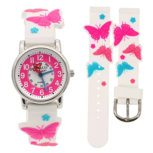 Reloj de niña Reloj de Mariposa 3D para niñas Reloj de Dibujos Animados Relojes Reloj de Cuarzo de Goma Relojes de Hora para niñas (Color : White Butterfly)