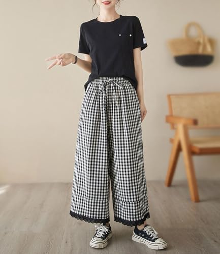 chouyatou Women's Plaid Wide Leg Lace Trim Capri Pants High Elastic Waist Palazzo Pants Culottes with Pockets4