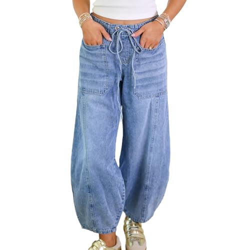 Womens Baggy Barrel Jeans Low Rise Wide Leg Denim Sweatpants Loose Boyfriend Ankle Denim Pants with Drawstring