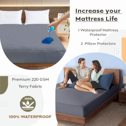 Image of AYKA Combo Pack Waterproof Mattress Protector & 2 Pillow Protectors | King Size 78x72 Inch | 100% Waterproof Terry Bed Protector | Breathable, Noiseless Mattress & Pillow Covers | 6.5 x 6 ft | Grey
