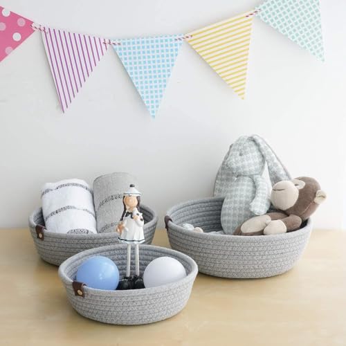 Image of Handmade Jute Cotton Storage Baskets Set of 3 for Dining Table, Fruit Basket & Roti Bowl, Cane Style Organizer for Kitchen, Home Decor, Washable Multipurpose (Grey)