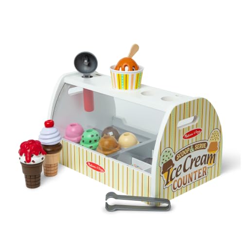 Melissa & Doug - Eisdiele aus Holz, 28-teilig, Für das Eisdielen-Rollenspiel mit 8 Sorten Eiscreme, Eistüten und Eisbecher, Spielgeld inklusive, Für Kinder ab 3 Jahren