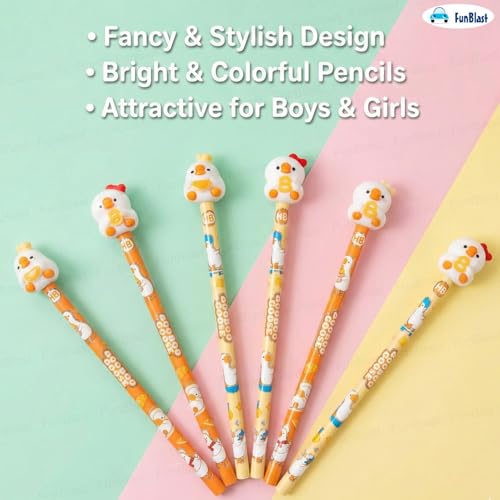 Image of FunBlast Cute Duck Pencils with Cute Erasers on Top - Pack of 6 Cartoon Pencil for Kid with 3D Kawaii Topper, Writing Drawing Tools for Kids, Birthday Return Gift for Kids (Multicolor)