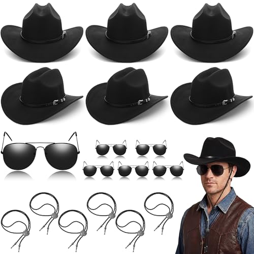 Image of Mepase 18 Pcs Cowboy Hat with Bolo Tie Sunglasses Rodeo Western Costume Accessories for Men Women Cosplay Halloween Party
